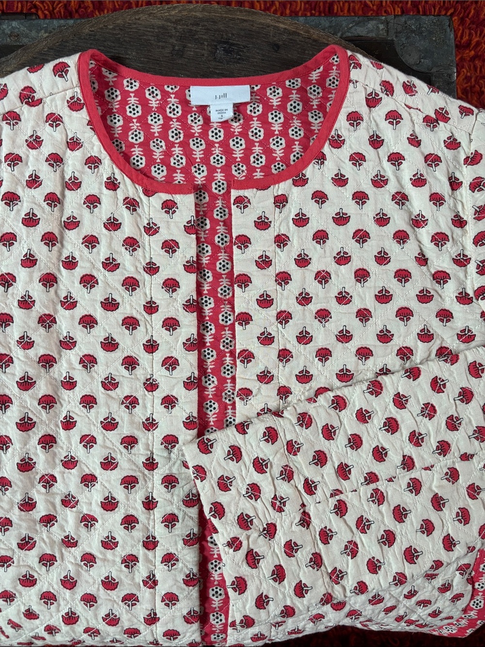 J. Jill Quilted Red and Cream Printed Jacket
